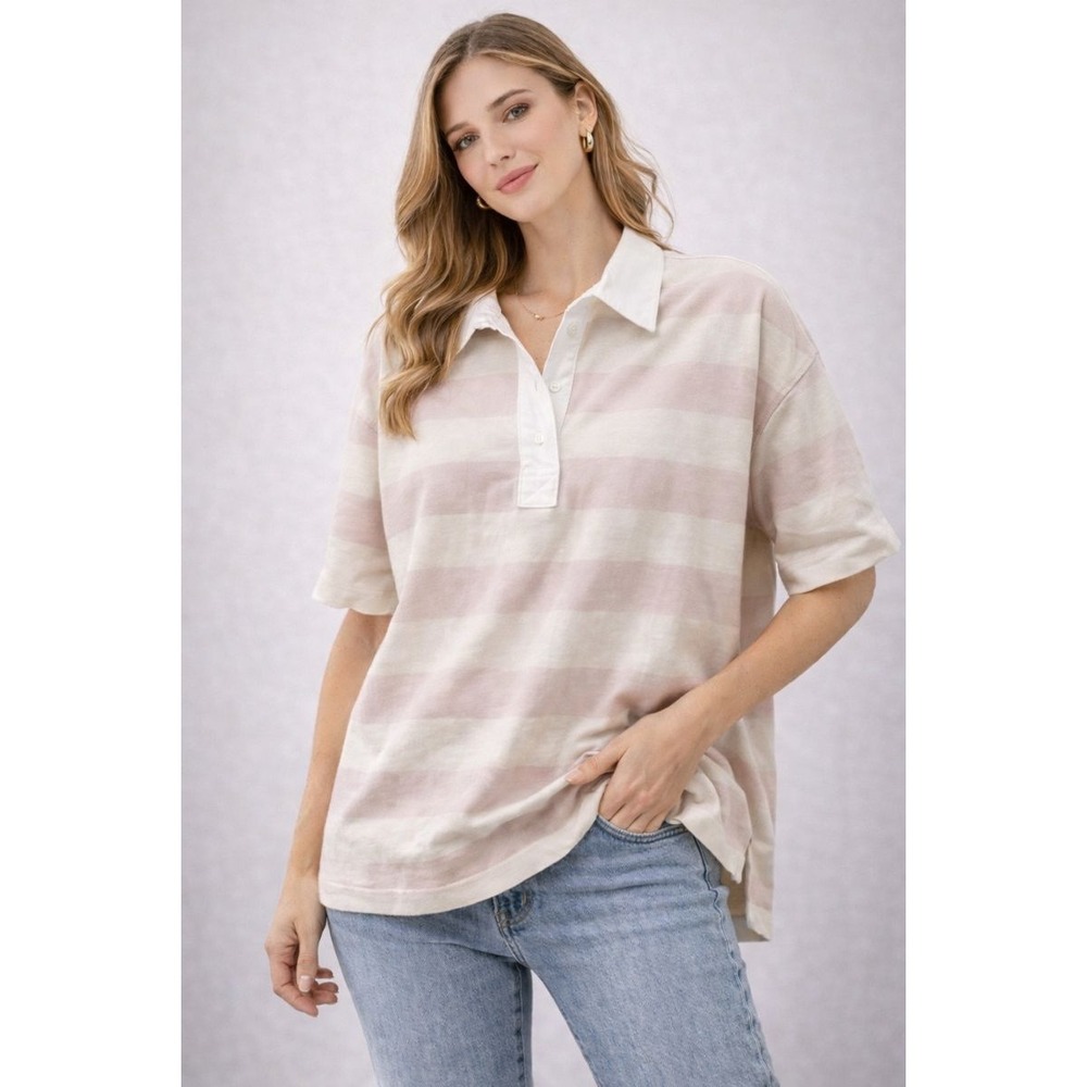 Everlane Womens Oversized‎ Polo Shirt Cream Pink Stripe Size Small NWT